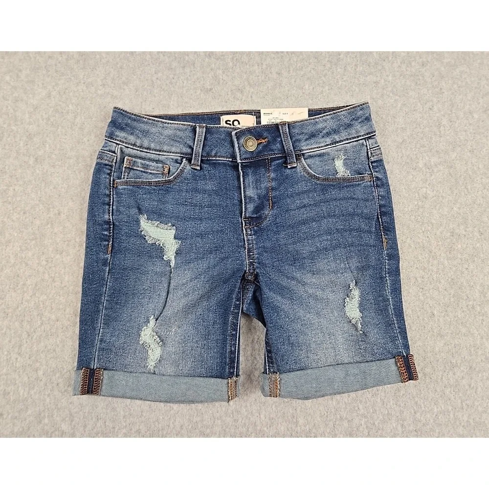 SO Jean Shorts Girls Size 8 Mid Rise Denim Bermuda Short Distressed Jeans NWT